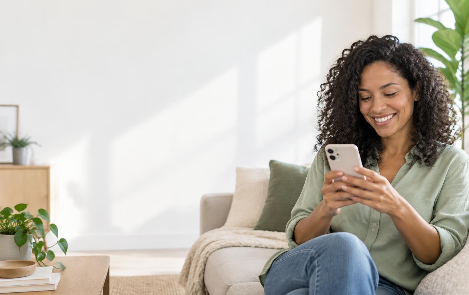 Mulher usando o celular em casa